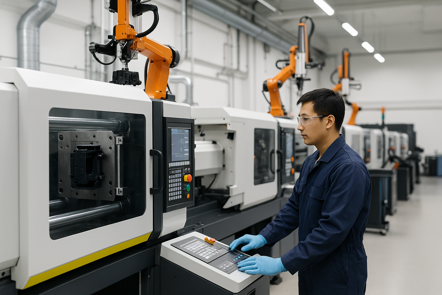 Injection molding production line with technicians and automated handling.