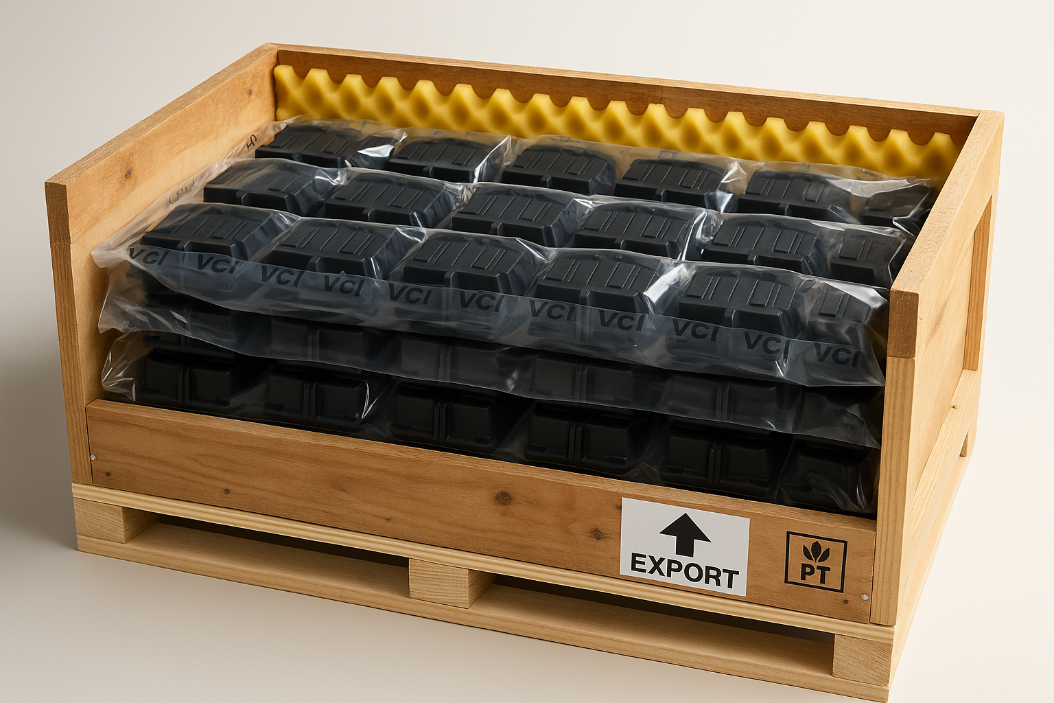 Custom plastic parts safely packaged for export shipment