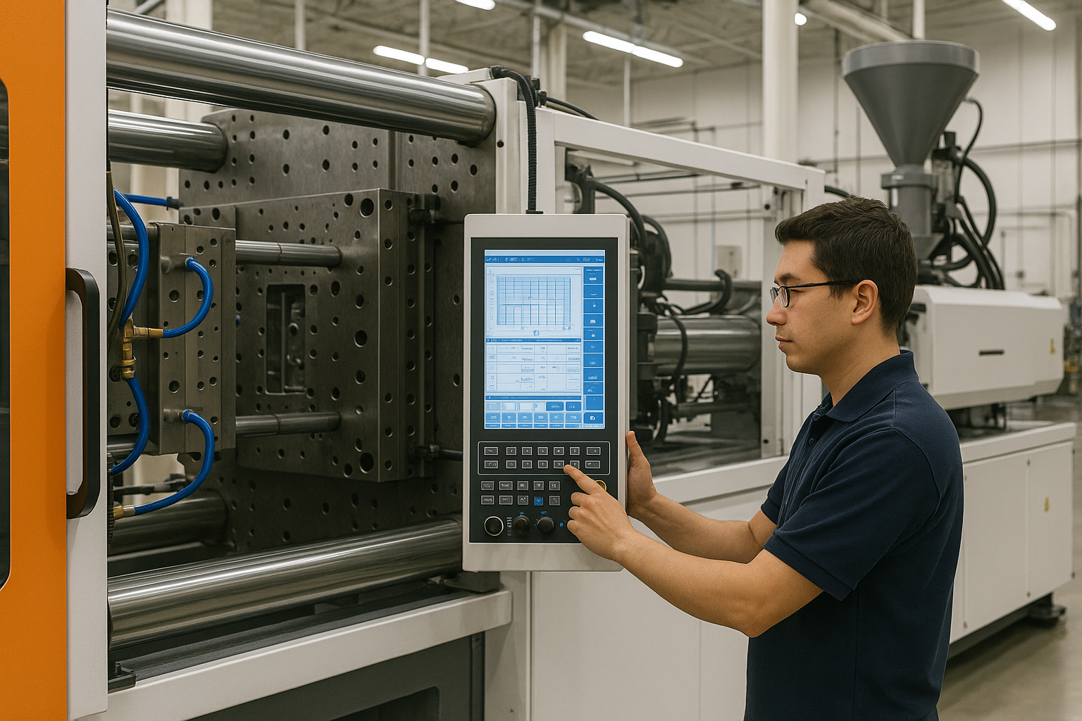 Prime factory showcasing automated plastic injection molding machines with technicians operating controls.