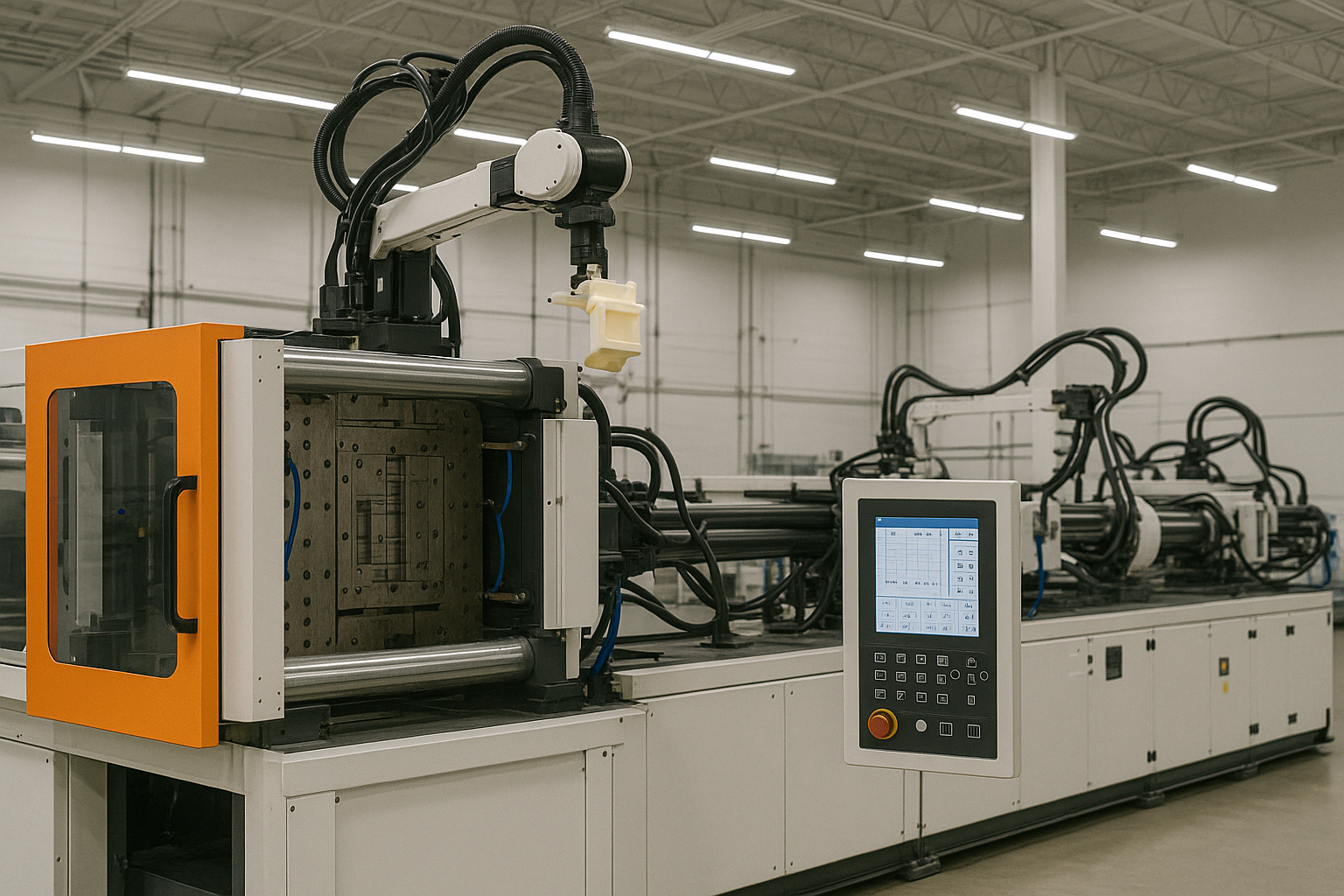 Automated plastic injection production line at Prime with technicians and robotic arms operating together.