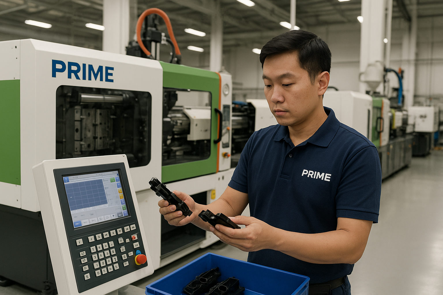 Asian technician inspecting plastic parts at PRIME’s injection molding line using digital controls