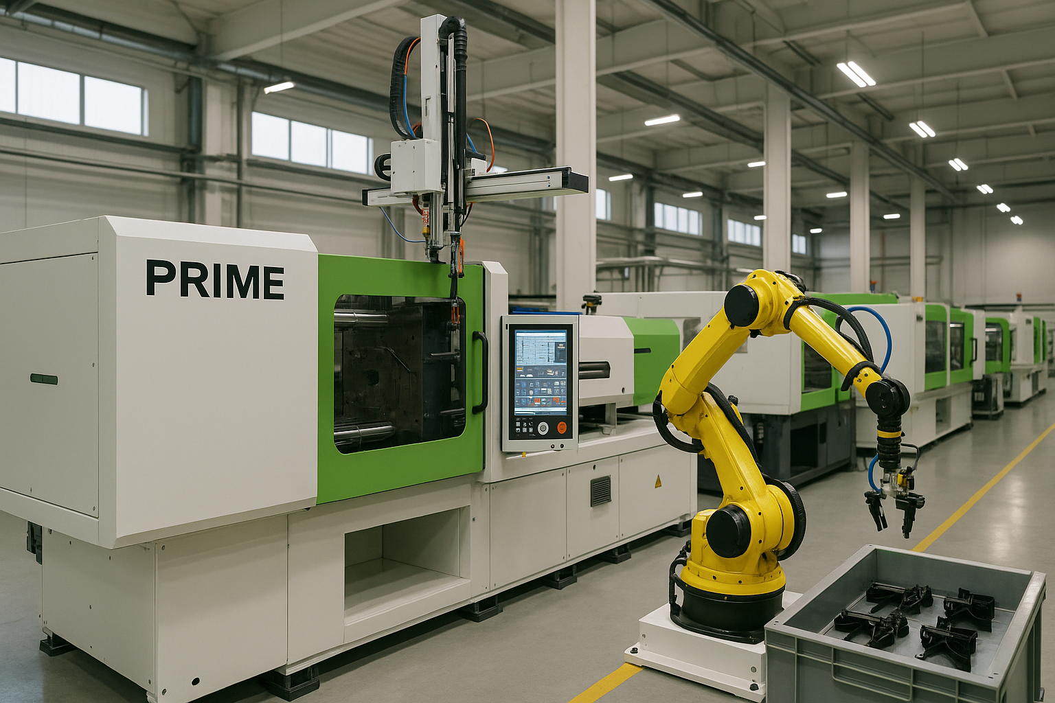 Automated plastic injection molding machine and robotic arm operating at PRIME factory