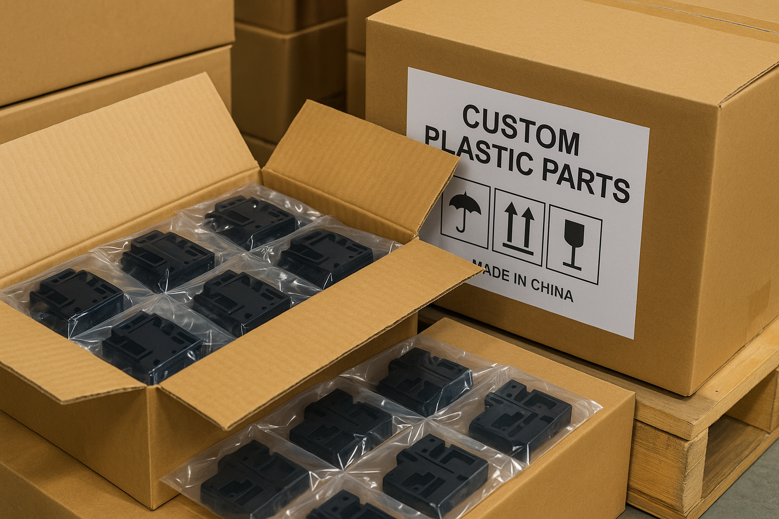 Custom plastic parts packed in anti-static bags, boxed and labeled for global export