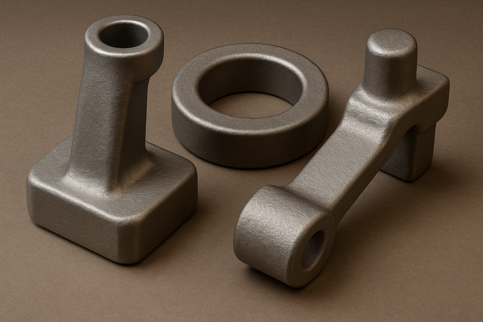 Open die forged metal parts including a cylindrical shaft, a round ring, and a rectangular clevis, shown on a smooth brown surface.