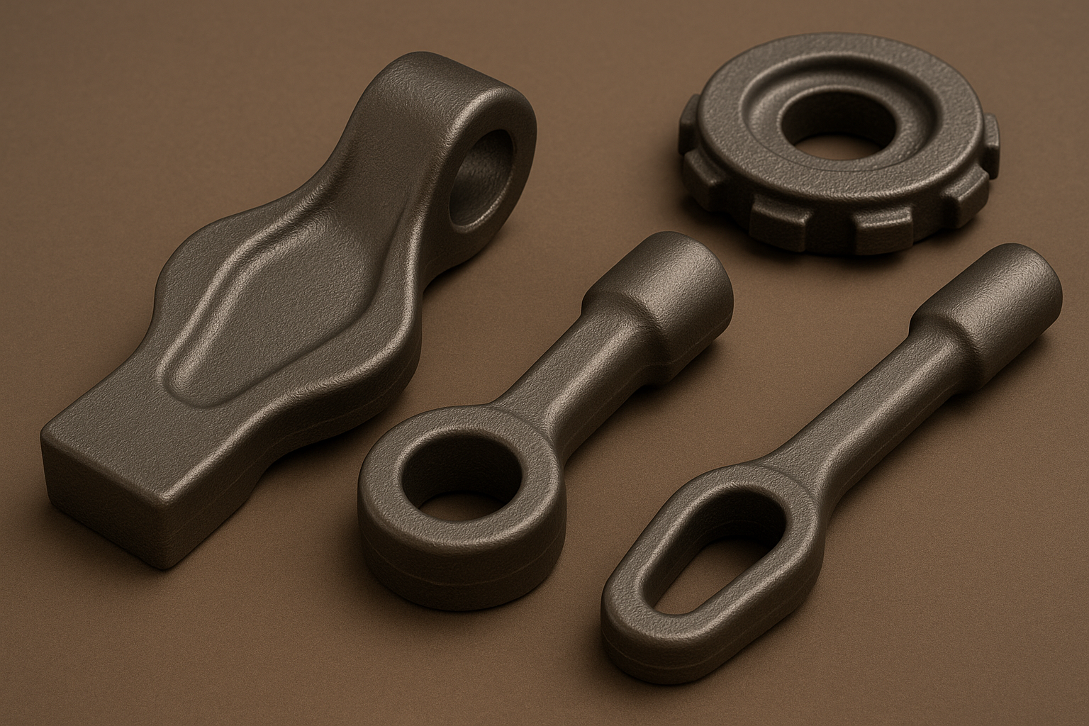 Closed die forged metal parts including gear blank, clevis, and eye-end components, displayed on a brown background.