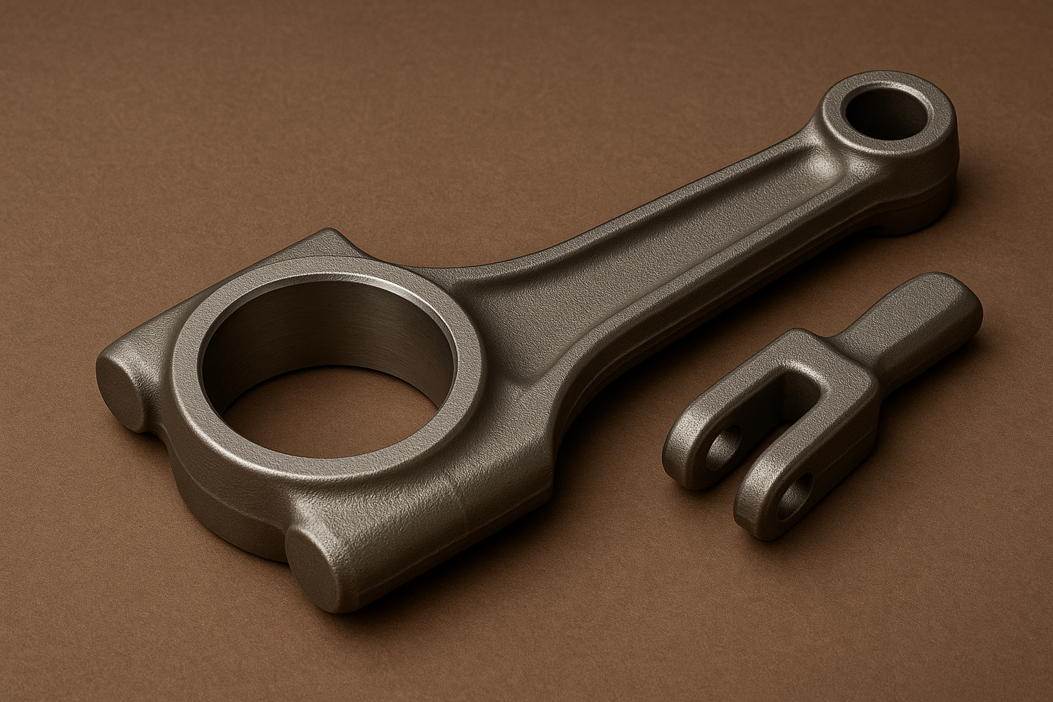 Forged automotive connecting rod and clevis-style component displayed on a brown background.