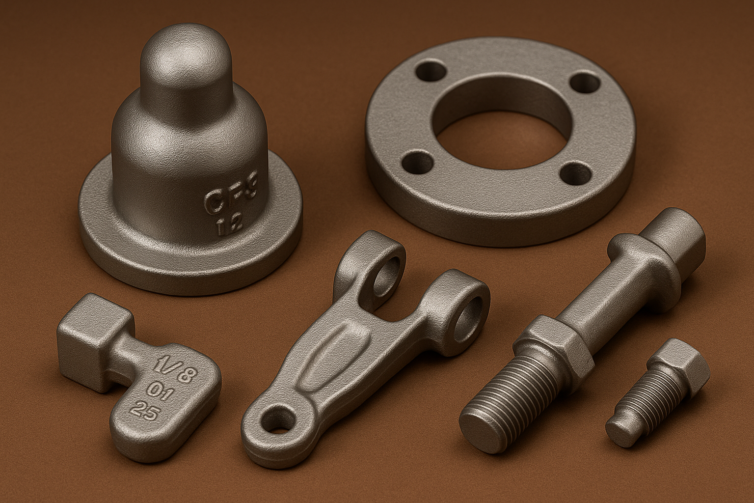 Stainless steel forged components including flange, valve cap, clevis, and threaded fittings on a brown background.