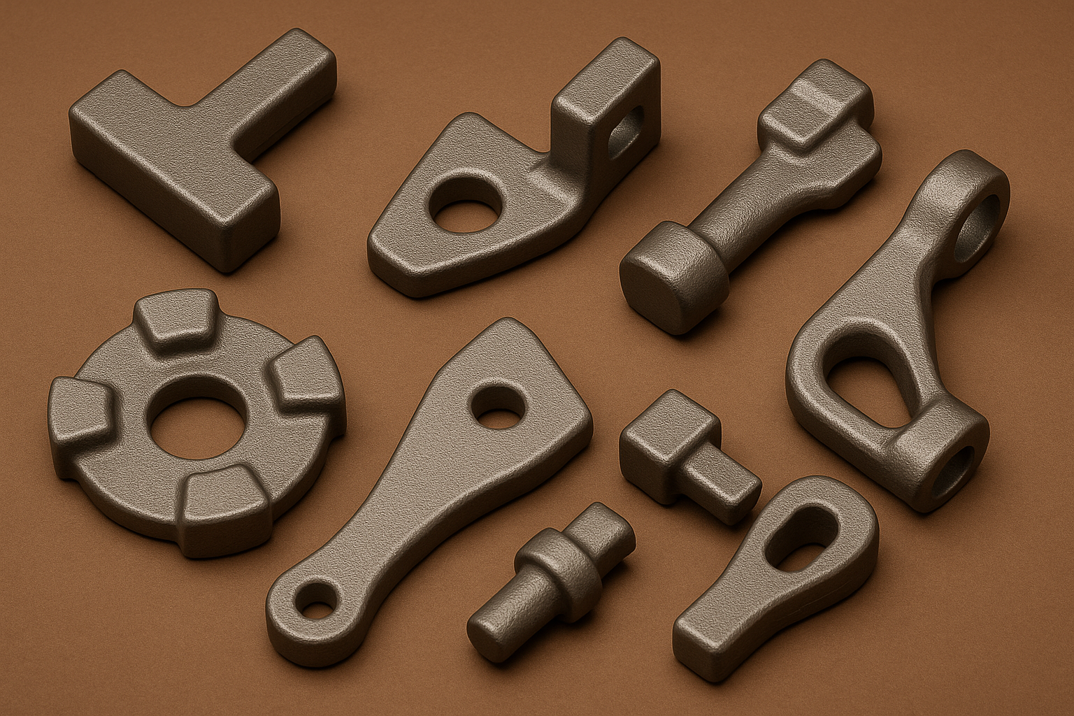 Various custom forged metal parts with different shapes and holes, displayed on a brown background.
