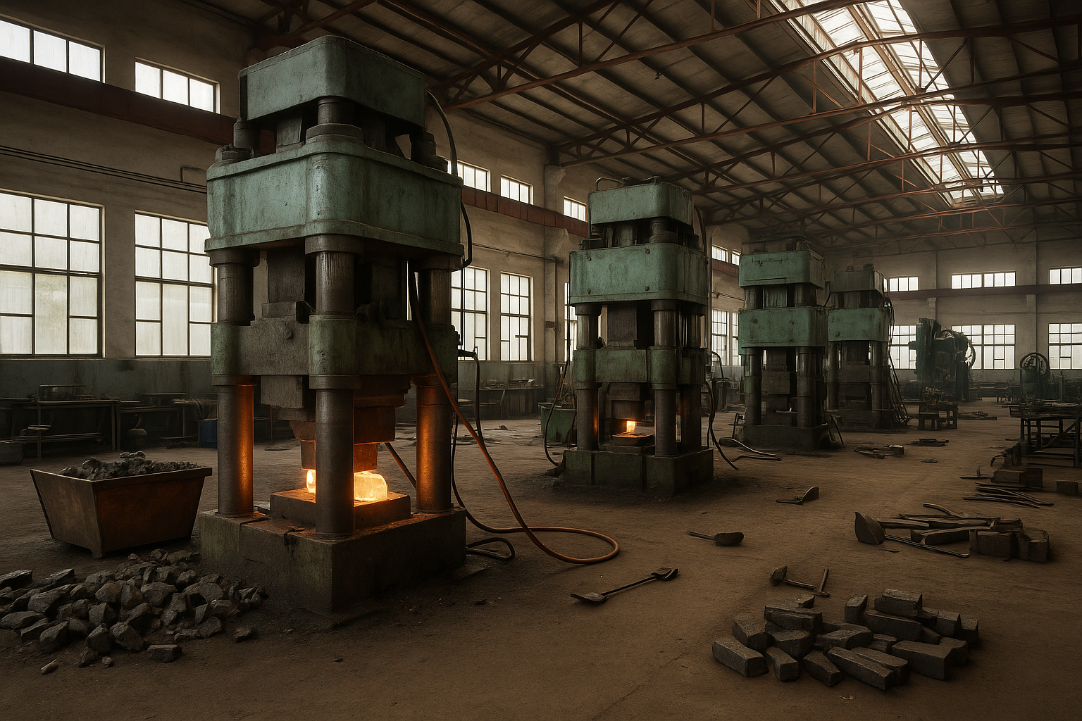 Interior of a forging workshop with multiple hydraulic presses and glowing metal billets being processed.