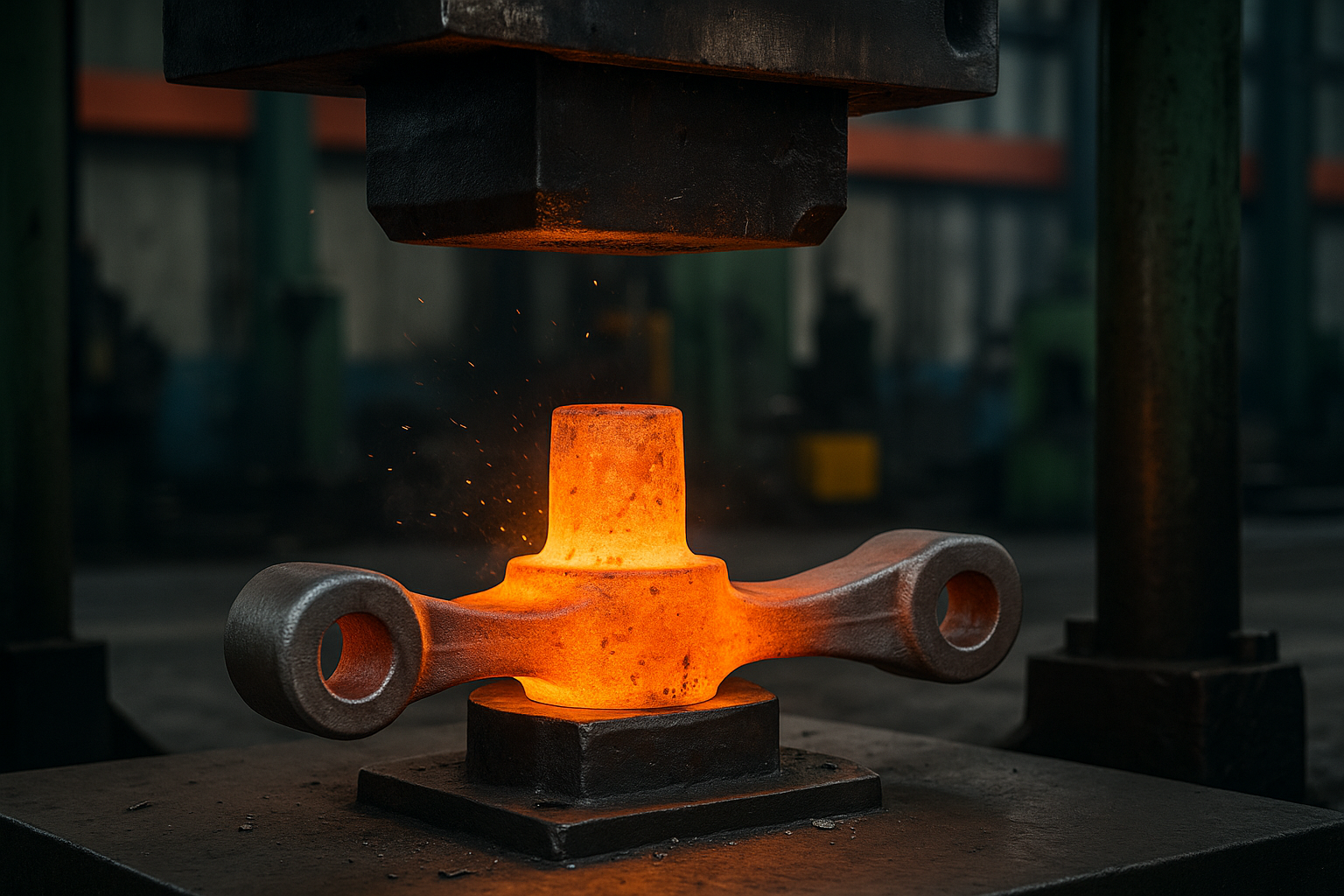 Closed-die forging process of a glowing hot automotive part being compressed by a forging press in an industrial factory.