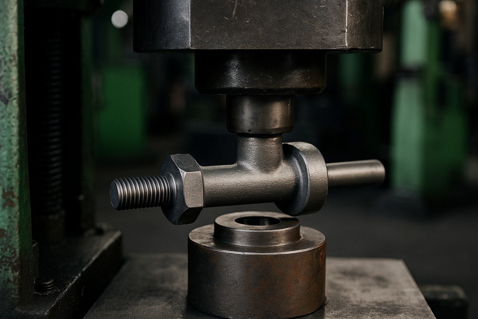 Cold forging process of a high-strength bolt being formed under a hydraulic press in an industrial workshop.