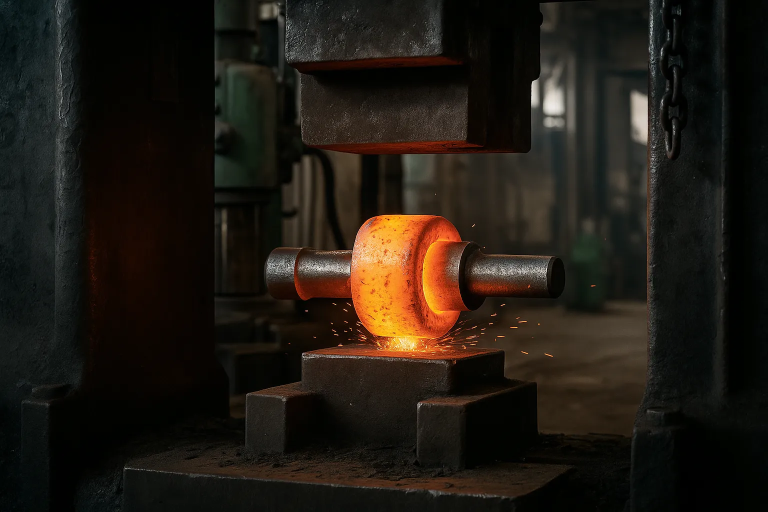 Red-hot metal billet being forged under a heavy hammer in an industrial workshop during the hot forging process.