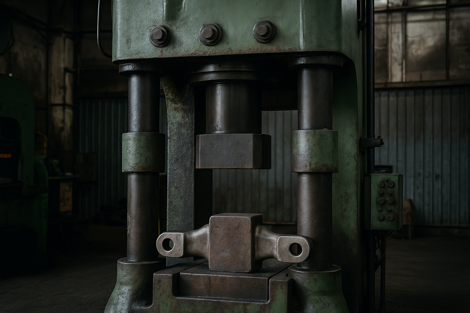 Heavy-duty vertical hydraulic forging press with green housing inside an industrial metal forging workshop.