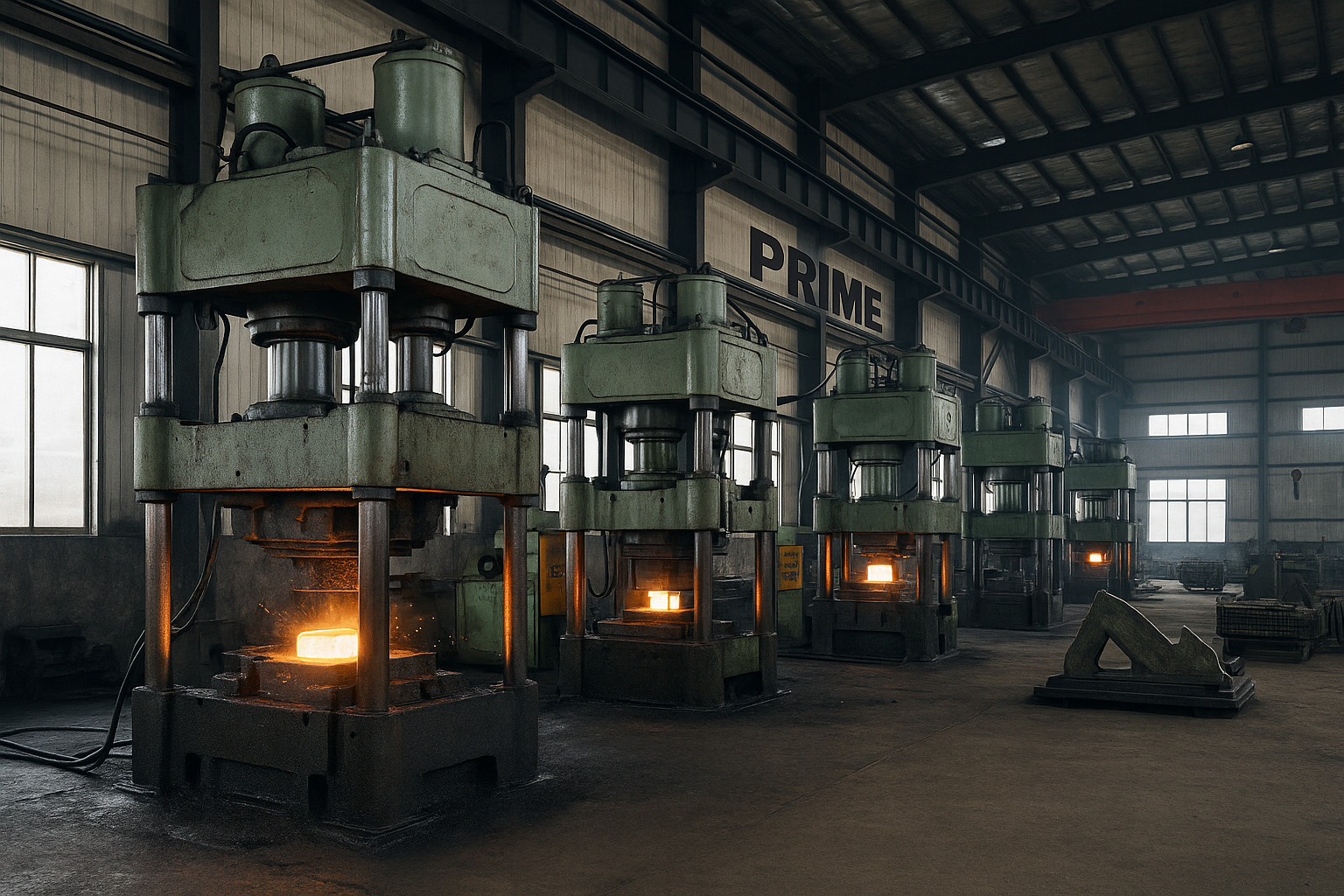 Multiple hydraulic forging presses operating simultaneously inside PRIME’s forging workshop.