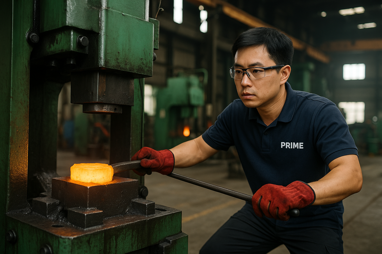 Asian PRIME technician operating a hydraulic forging press with a glowing steel billet in an industrial workshop.