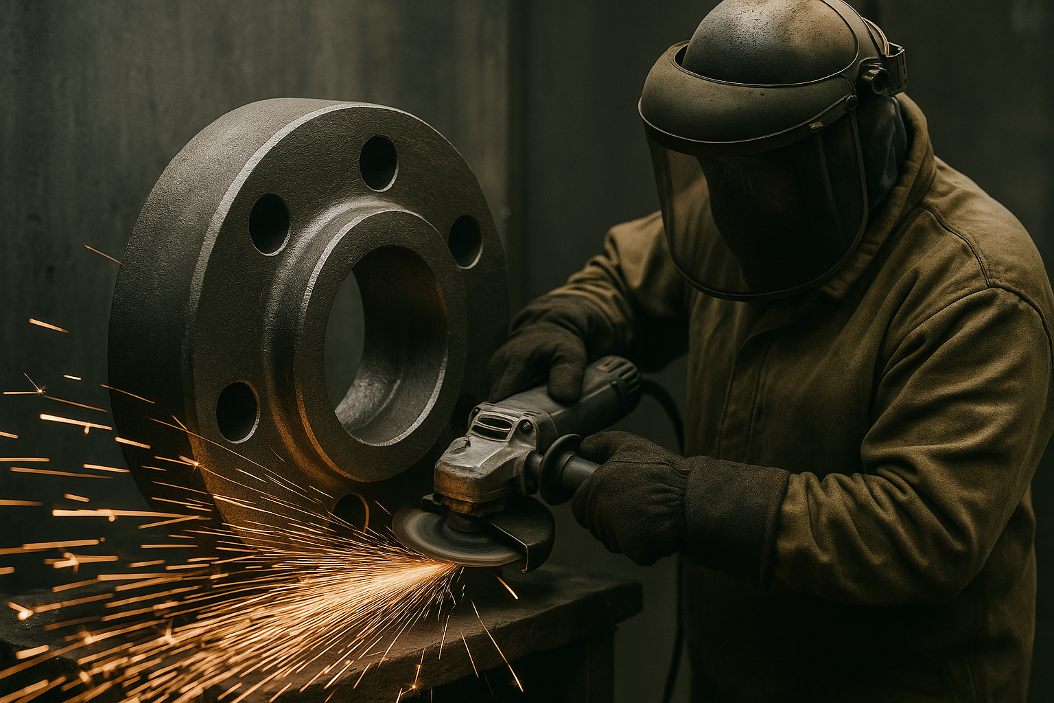 Worker using an angle grinder to finish the surface of a forged metal part, with visible sparks in an industrial workshop.