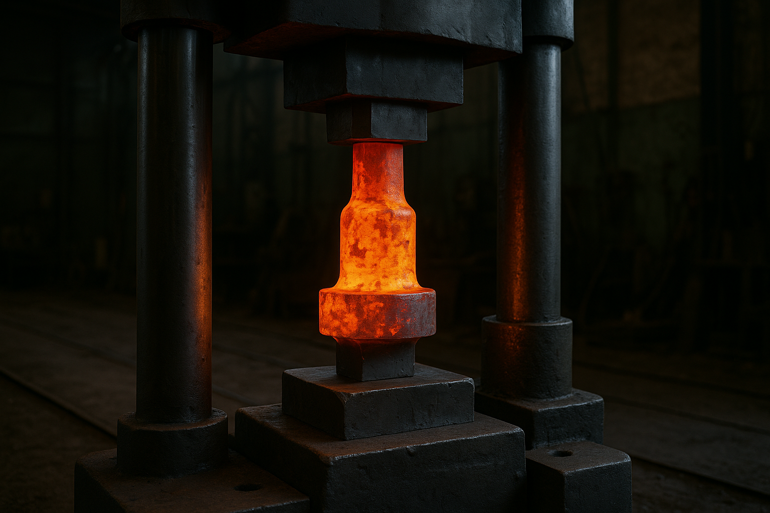 Red-hot metal workpiece being pressed under a hydraulic forging machine in an industrial workshop.