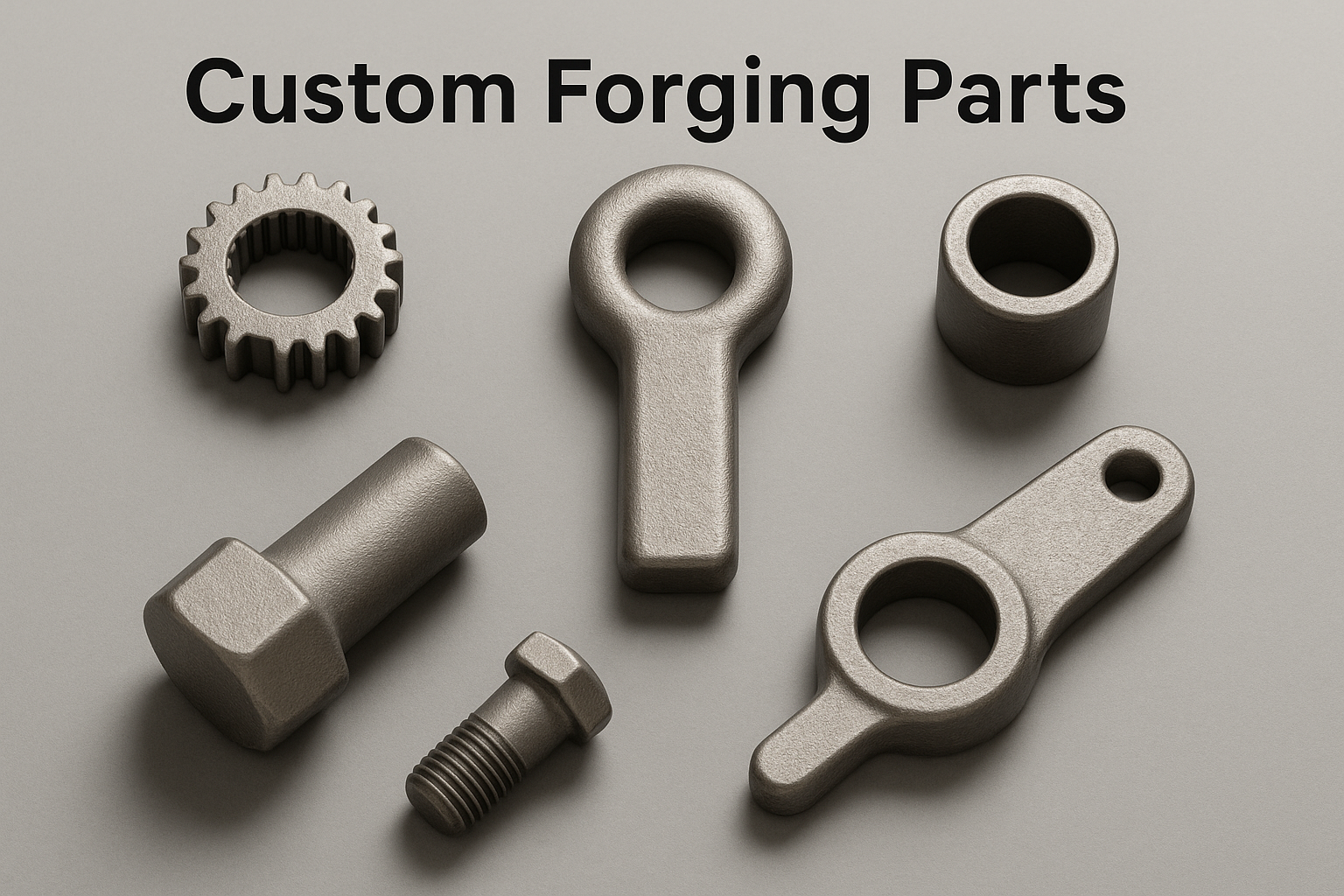 Five custom-forged metal components arranged on a gray background under the label Custom Forging Parts.