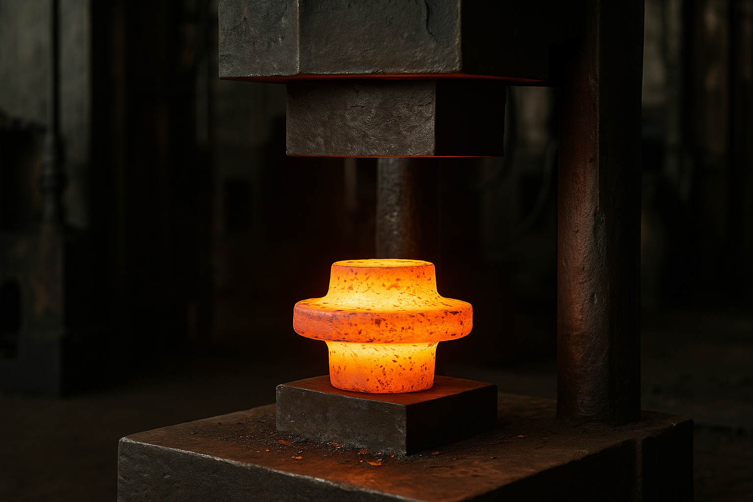 Glowing forged metal part under a hydraulic press in a dark industrial workshop.