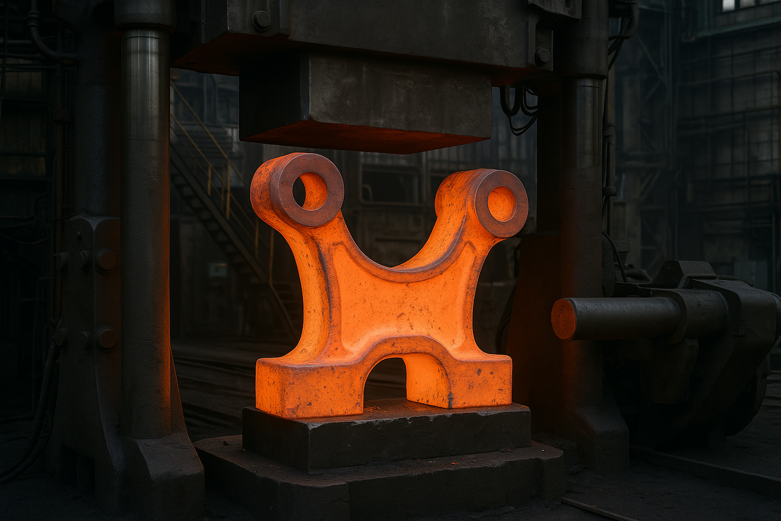 Open-die forging of a large metal part glowing orange under a heavy industrial press in a dimly lit forging facility.