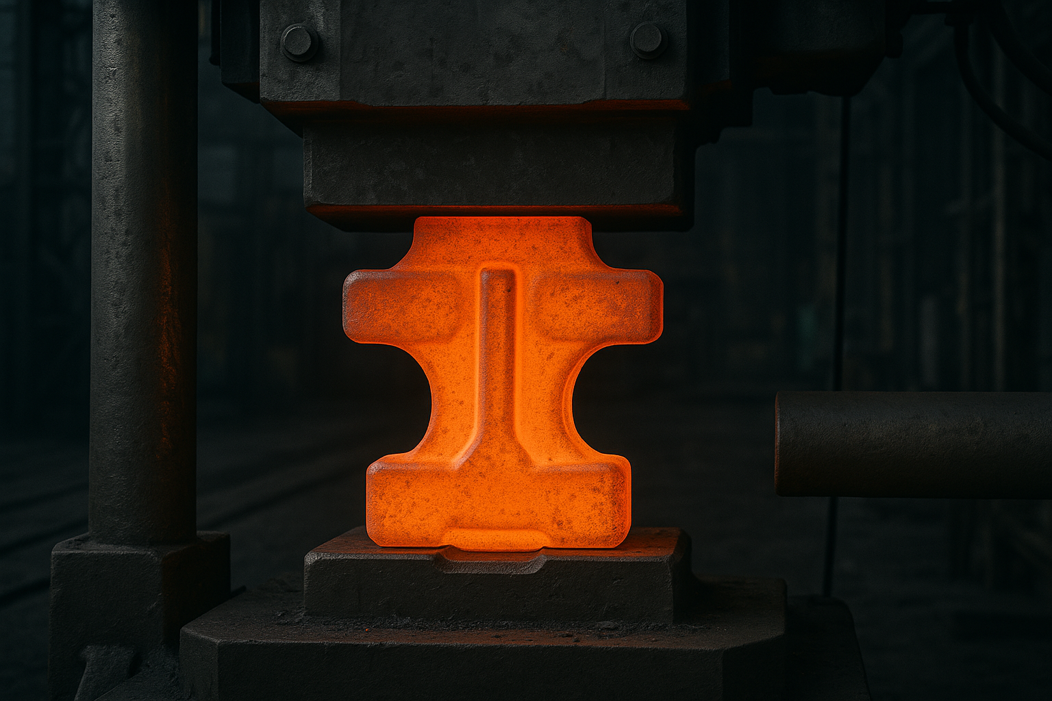 Closed-die forging of a heated metal component being compressed between two precision dies inside an industrial press.