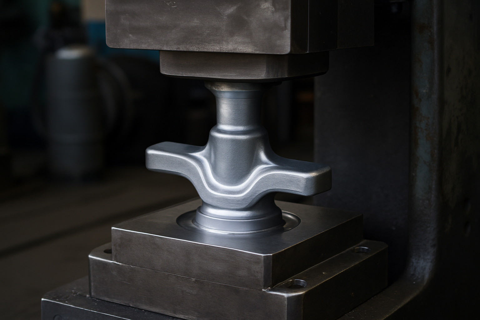 Precision forging of a complex steel component between two high-accuracy dies in an industrial press.