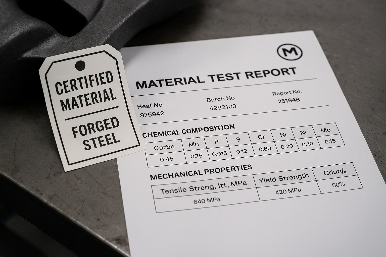 Forging material certificate and traceability data