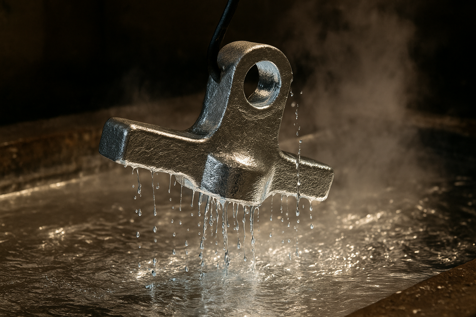 Hot-dip galvanizing process of a forged metal part with molten zinc dripping from the surface.