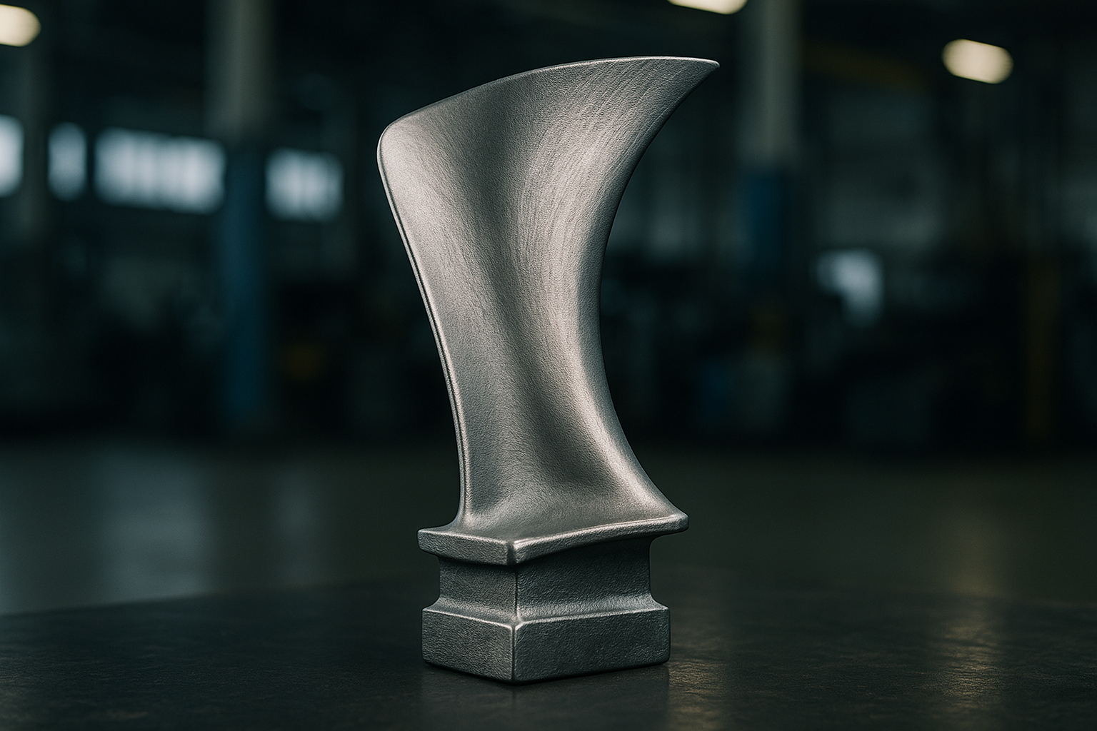 Forged turbine blade for power generation standing on a dark industrial surface.