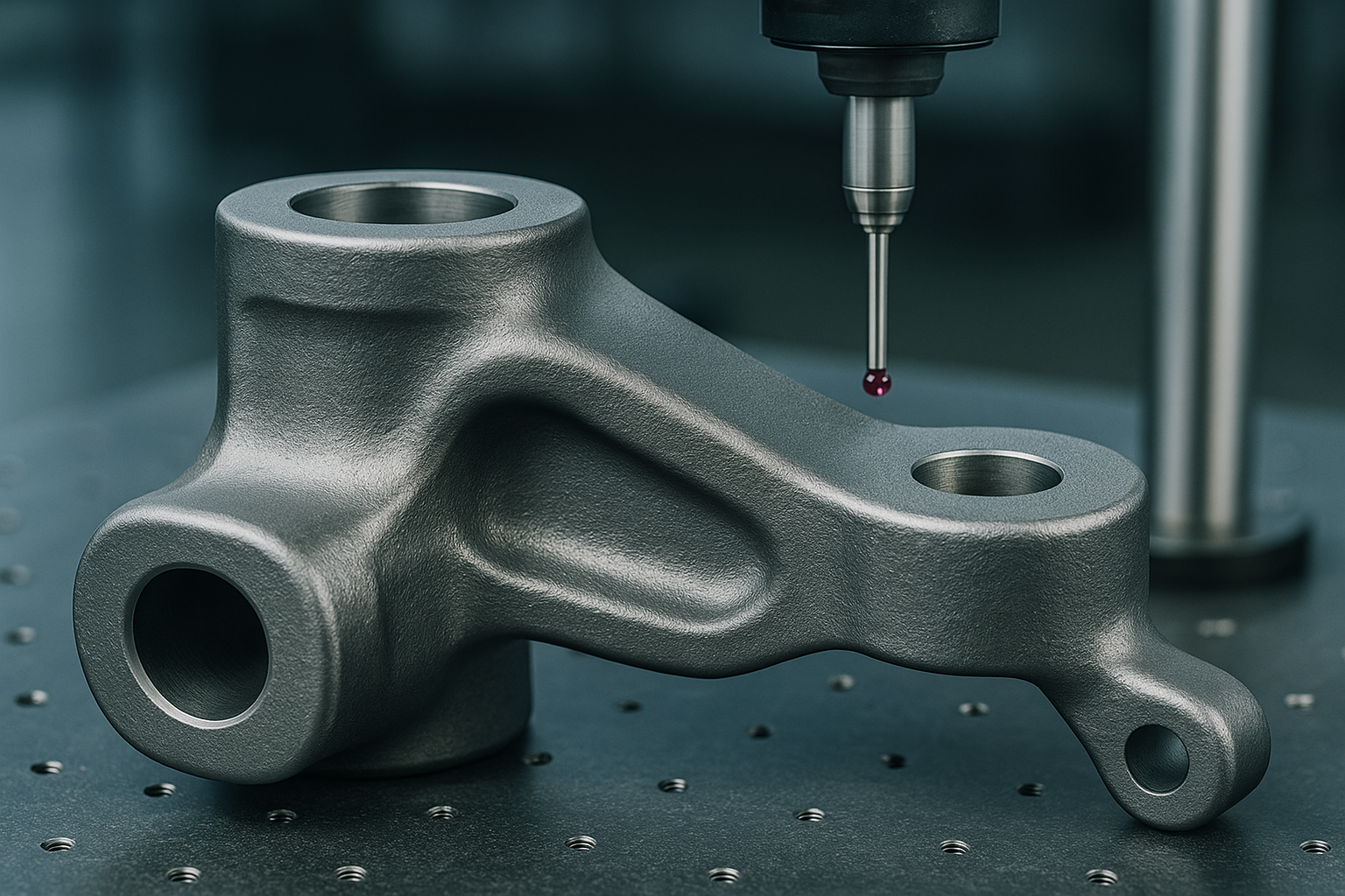 CMM inspecting precision-forged metal part for dimensional accuracy