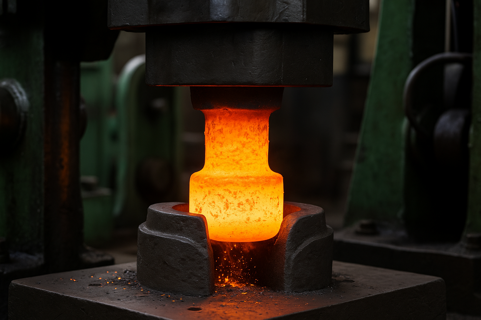 Precision forging press shaping heated metal part