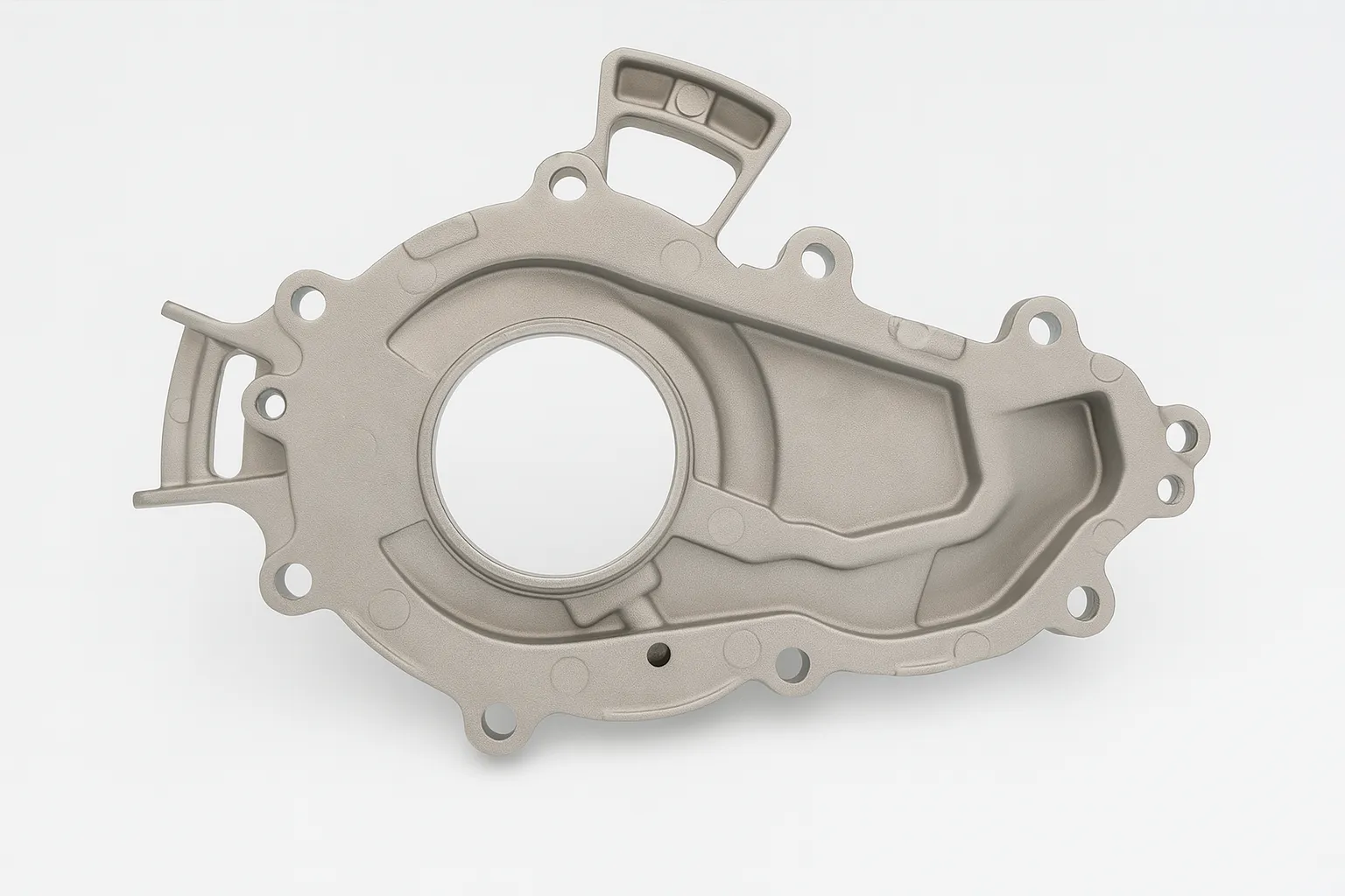 Precision-cast aluminum automotive timing cover featuring a circular machined opening, angular contours, and surrounding bolt holes, isolated against a white background.
