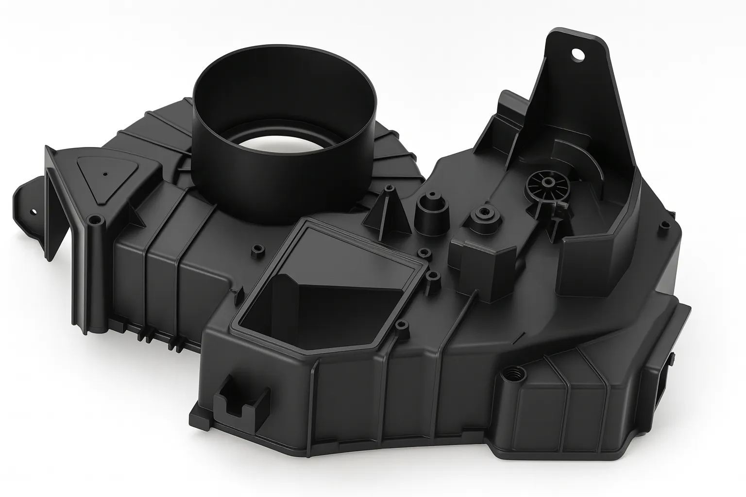Black plastic automotive housing with cylindrical duct and complex molded structures.
