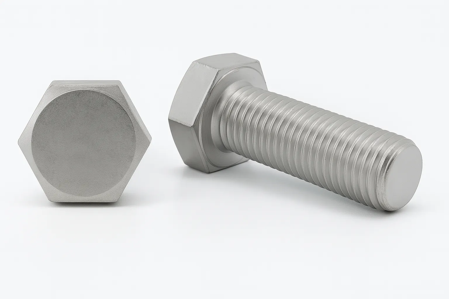 Polished metal hex bolts on a white surface, with one bolt upright showing a flat hexagonal head, and the second bolt laid flat highlighting precise threading and a smooth cylindrical end.