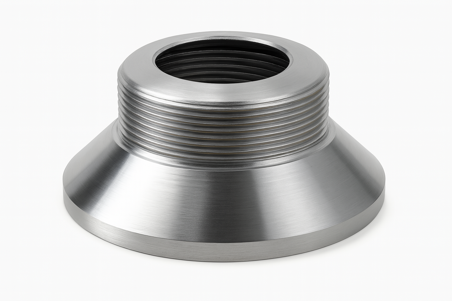 Metallic threaded bushing with a wide, smooth conical base and cylindrical top section featuring clean, precision-cut threads, photographed on a neutral white surface.