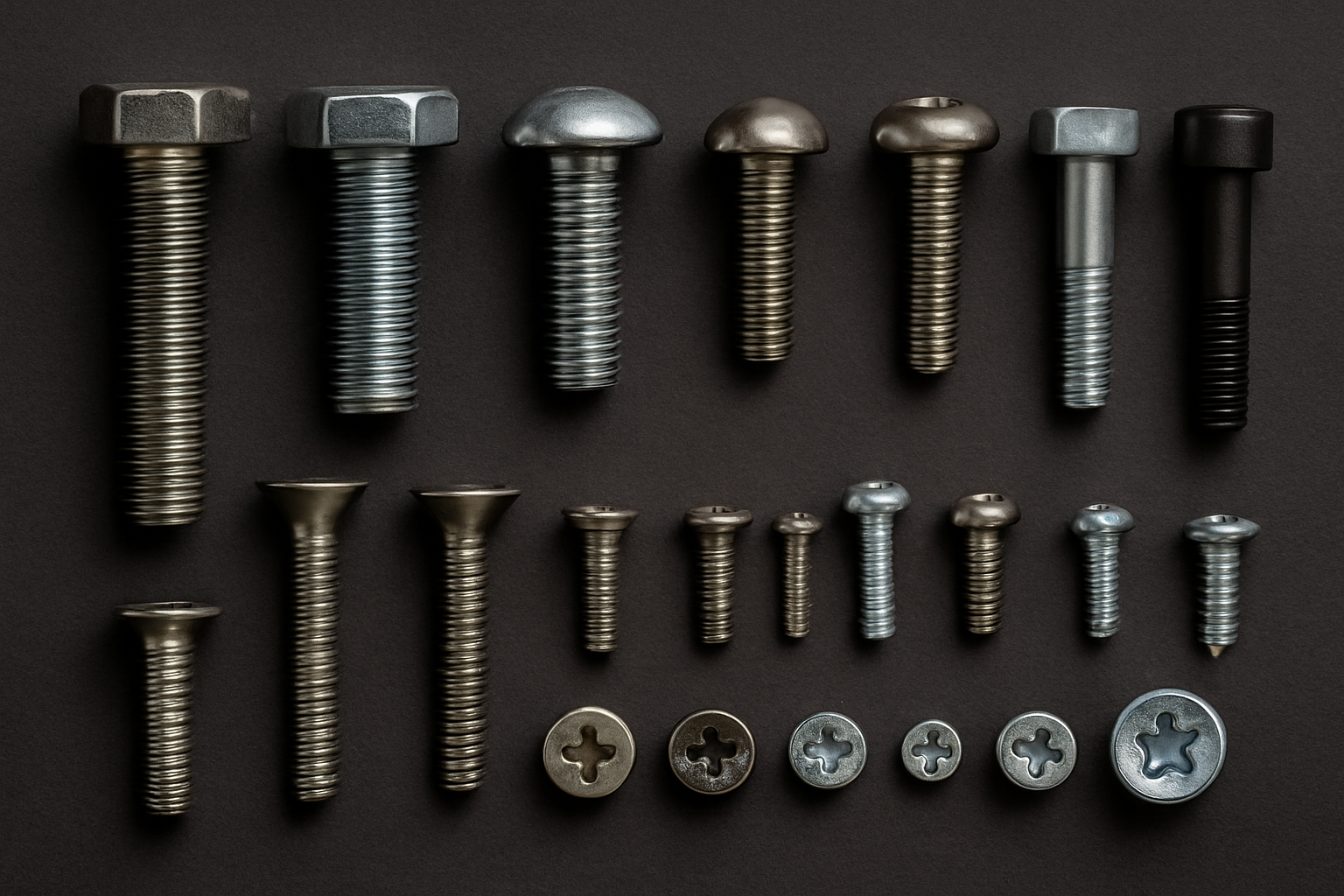 Assorted metal bolts and screws arranged neatly on a dark background.