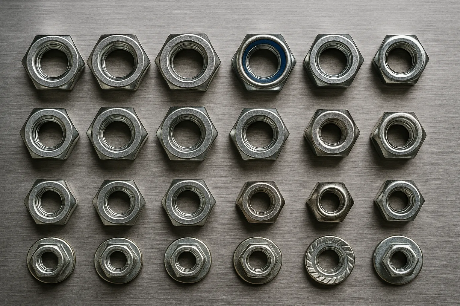 Hex nuts, lock nuts, and flange nuts displayed in rows on a metallic surface.