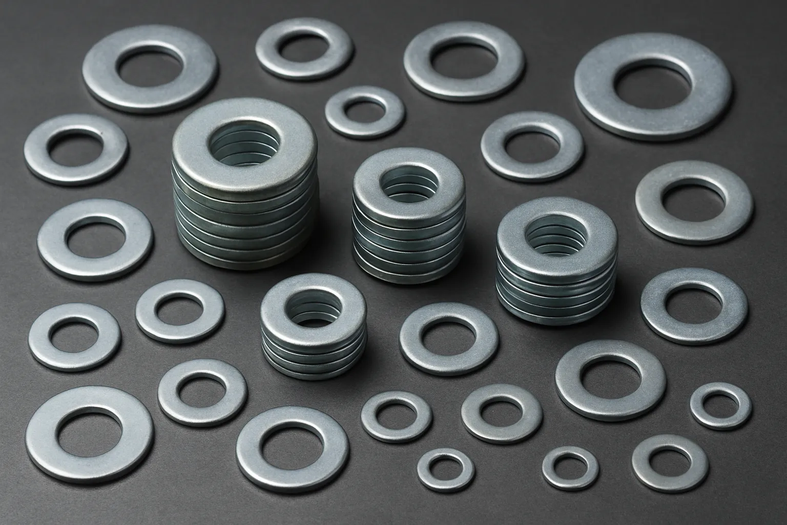 Metal washers of various diameters neatly stacked and arranged.