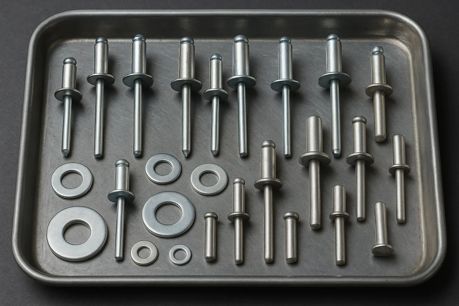 Blind rivets and solid rivets in multiple sizes placed on a metal tray.