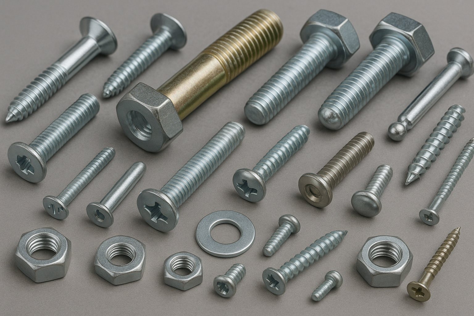 Various metal fasteners including screws and bolts produced at PRIME