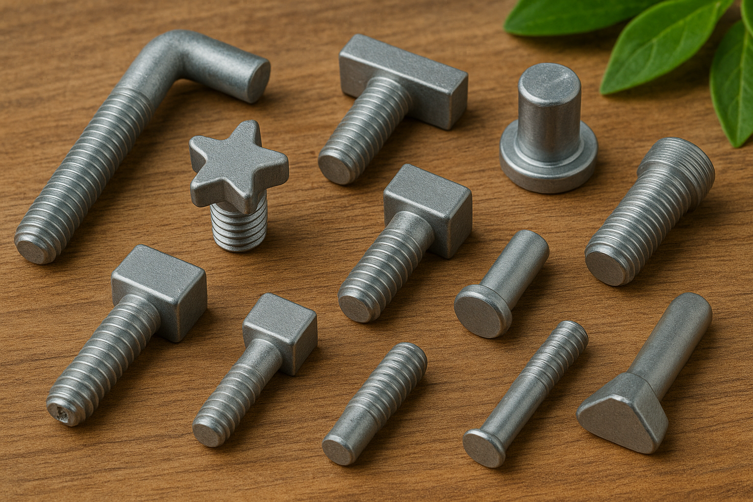 Custom-shaped fasteners manufactured to client specifications on a neutral background.