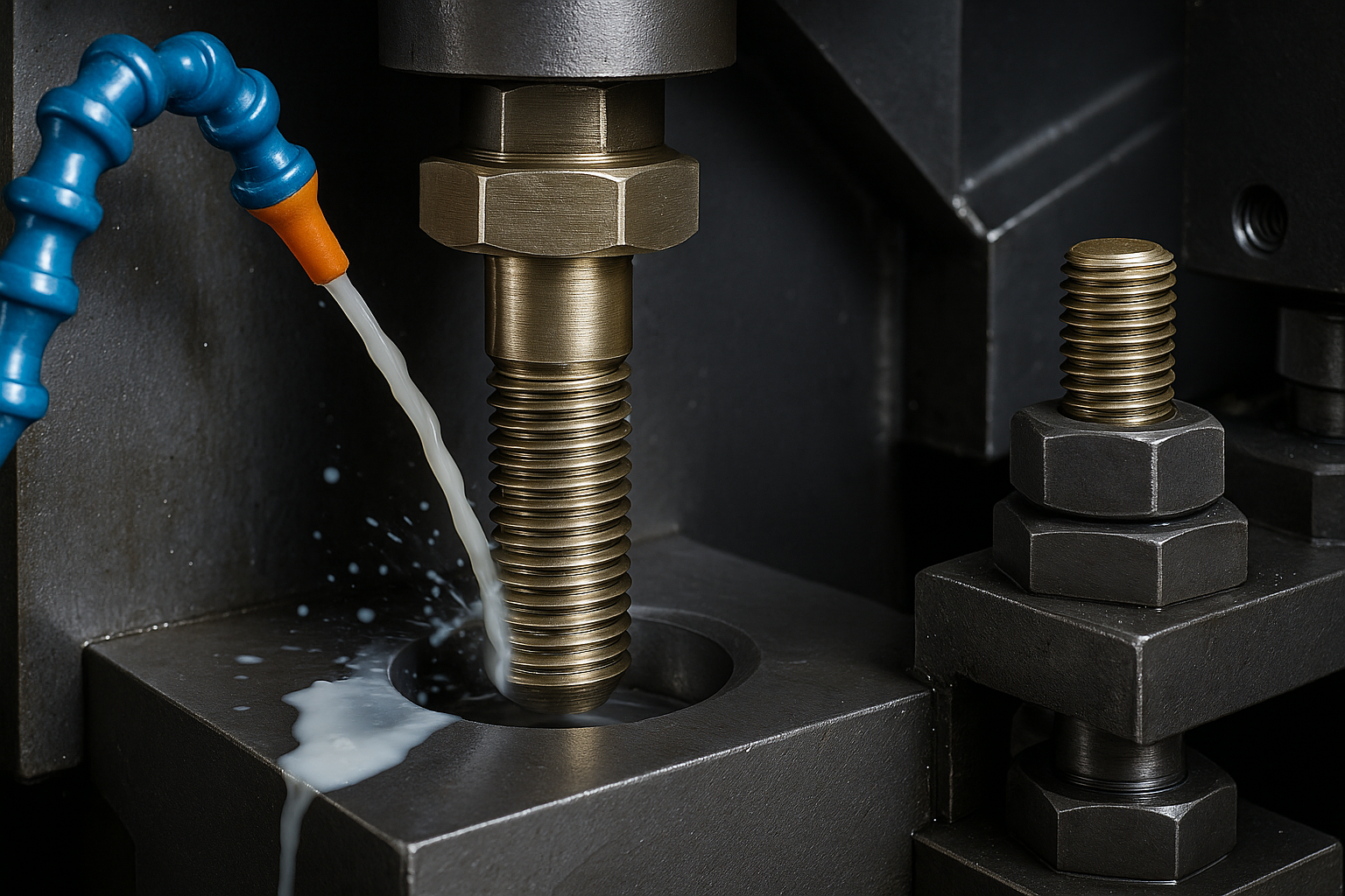 A high-resolution image of metal fastener production showing a large brass bolt being processed with coolant spray in an industrial setting.