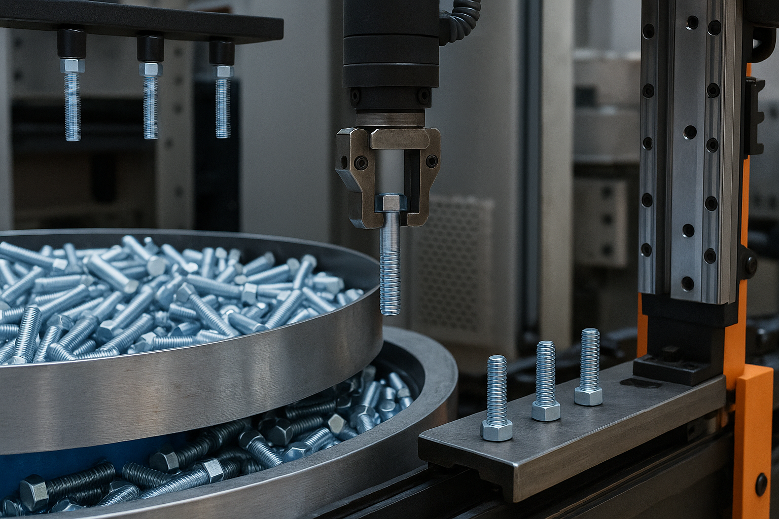 Automated robotic arm assembling metal bolts on a production line with a rotating bin full of fasteners.