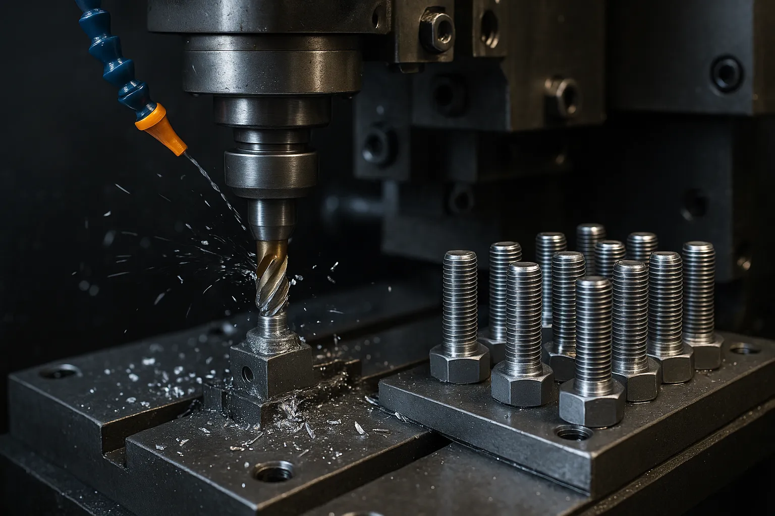A CNC machine mills a block of metal while forming threaded metal bolts, with coolant spraying and finished bolts neatly aligned beside the cutting area.