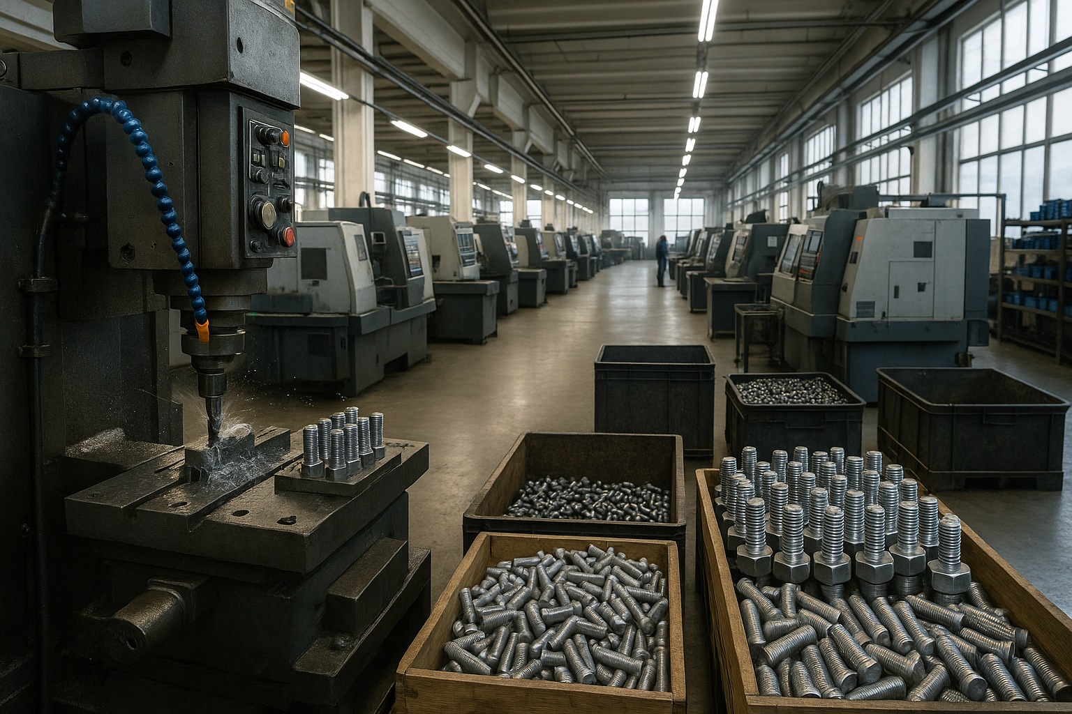 Metal fastener manufacturing workshop with multiple CNC machines and bins full of bolts.