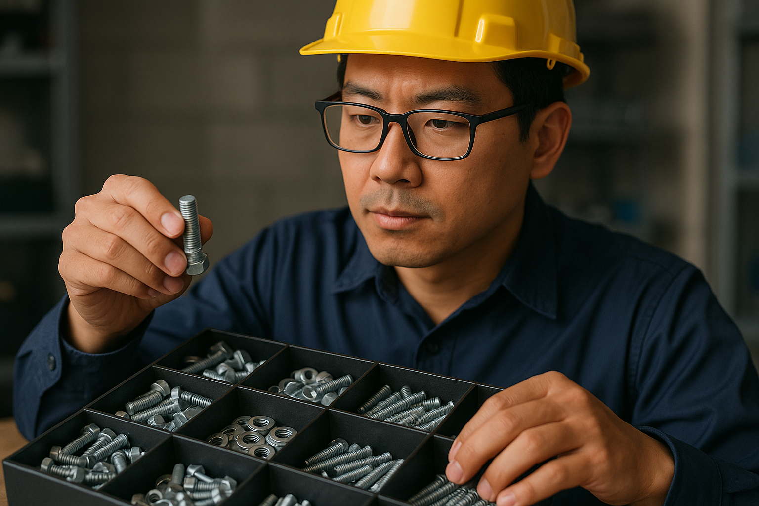  An Asian engineer wearing a yellow hard hat and glasses carefully selects a metal bolt from a storage organizer filled with various fasteners.