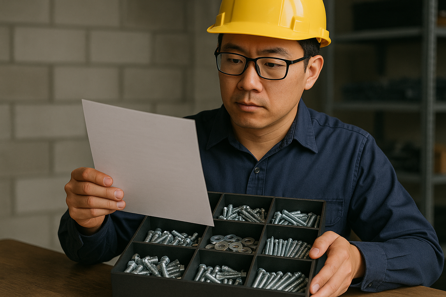 An Asian engineer wearing a yellow safety helmet inspects a metal fastener storage tray while holding a quality inspection report in a workshop setting.