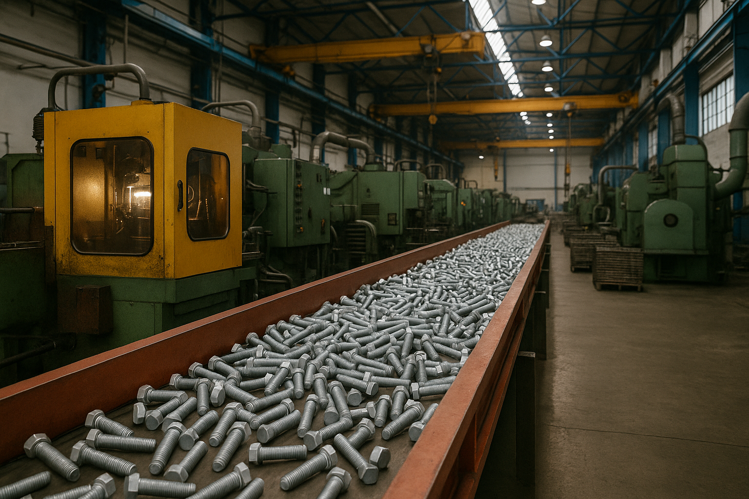 A high-resolution image of an automated metal fastener production workshop, showing bolts on a conveyor line with industrial machines and cranes in the background.