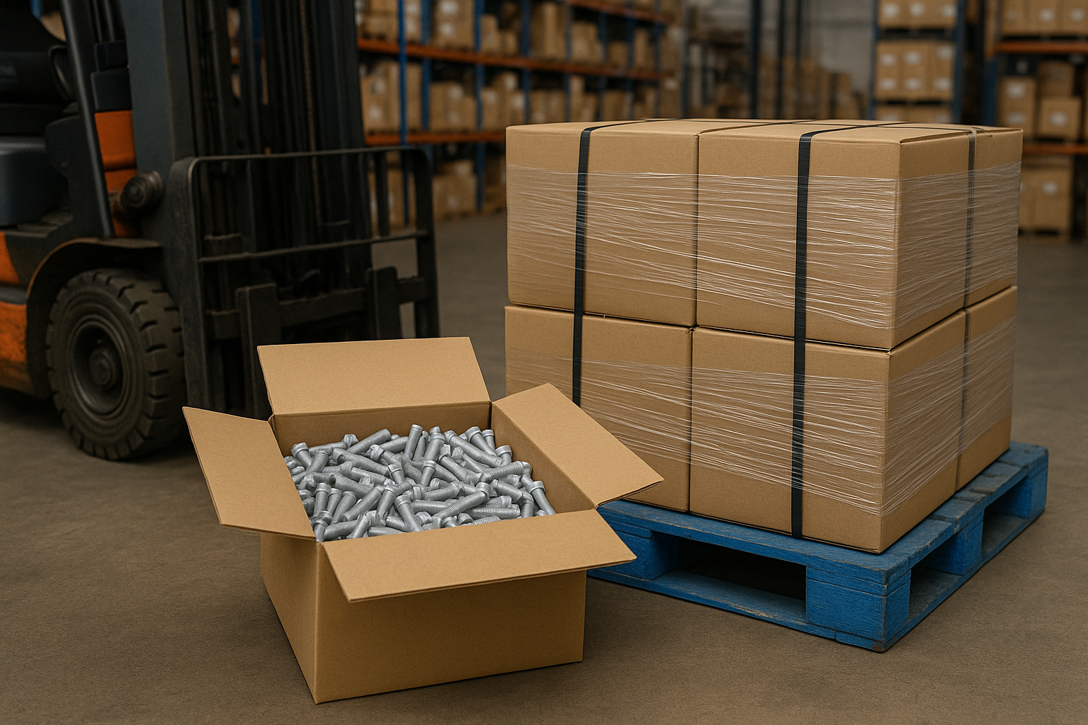 A warehouse scene showing metal fasteners in an open box beside a shrink-wrapped pallet of cartons on a blue pallet, with a forklift and storage racks in the background.