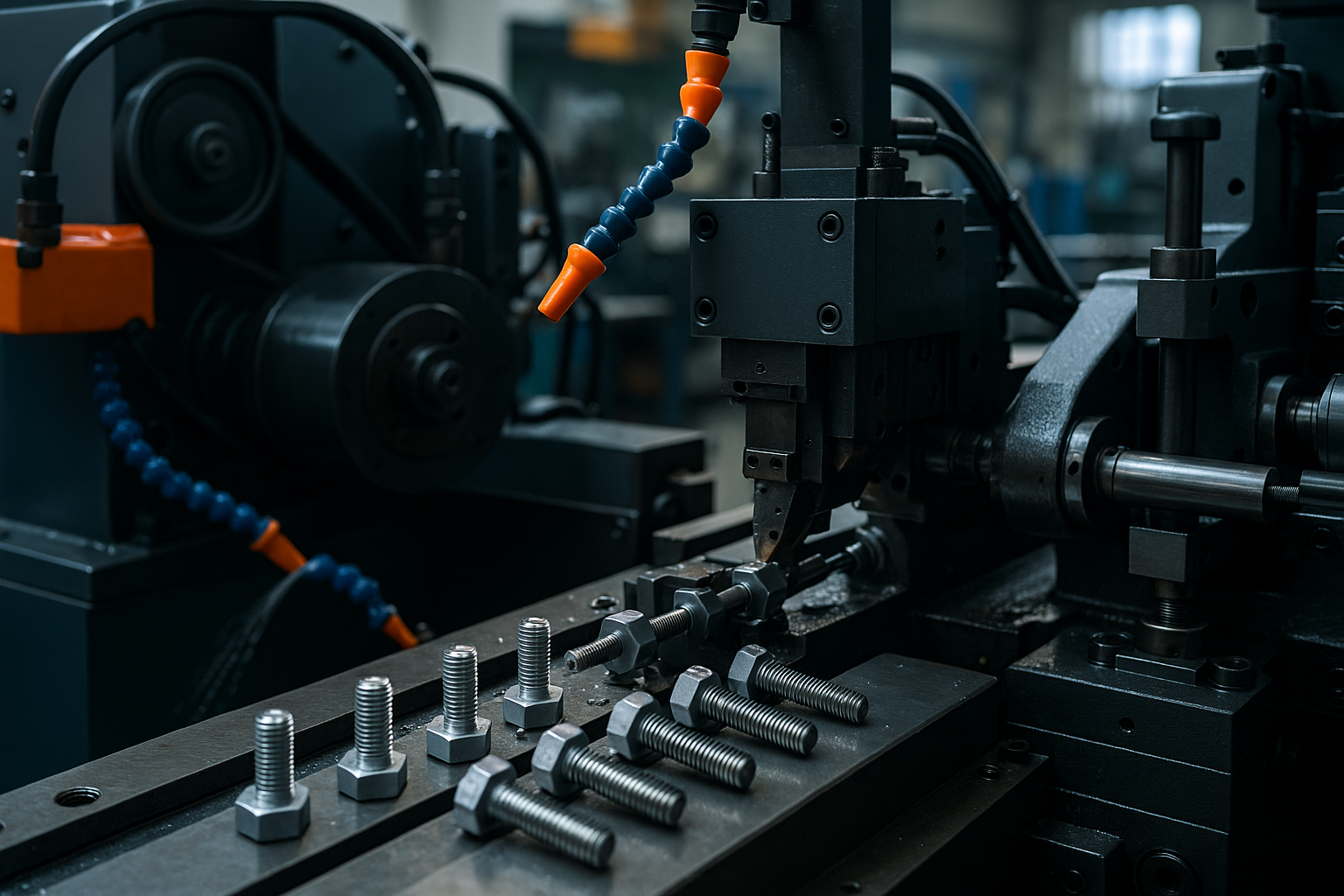 Custom metal fasteners being produced on automated machinery inside a factory workshop.